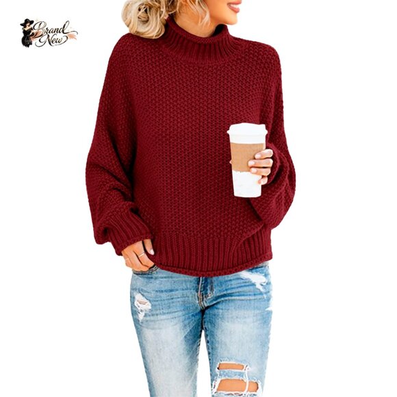 Sweaters - Turtleneck Oversized Sweater Pullover Batwing Sleeve Chunky Knit